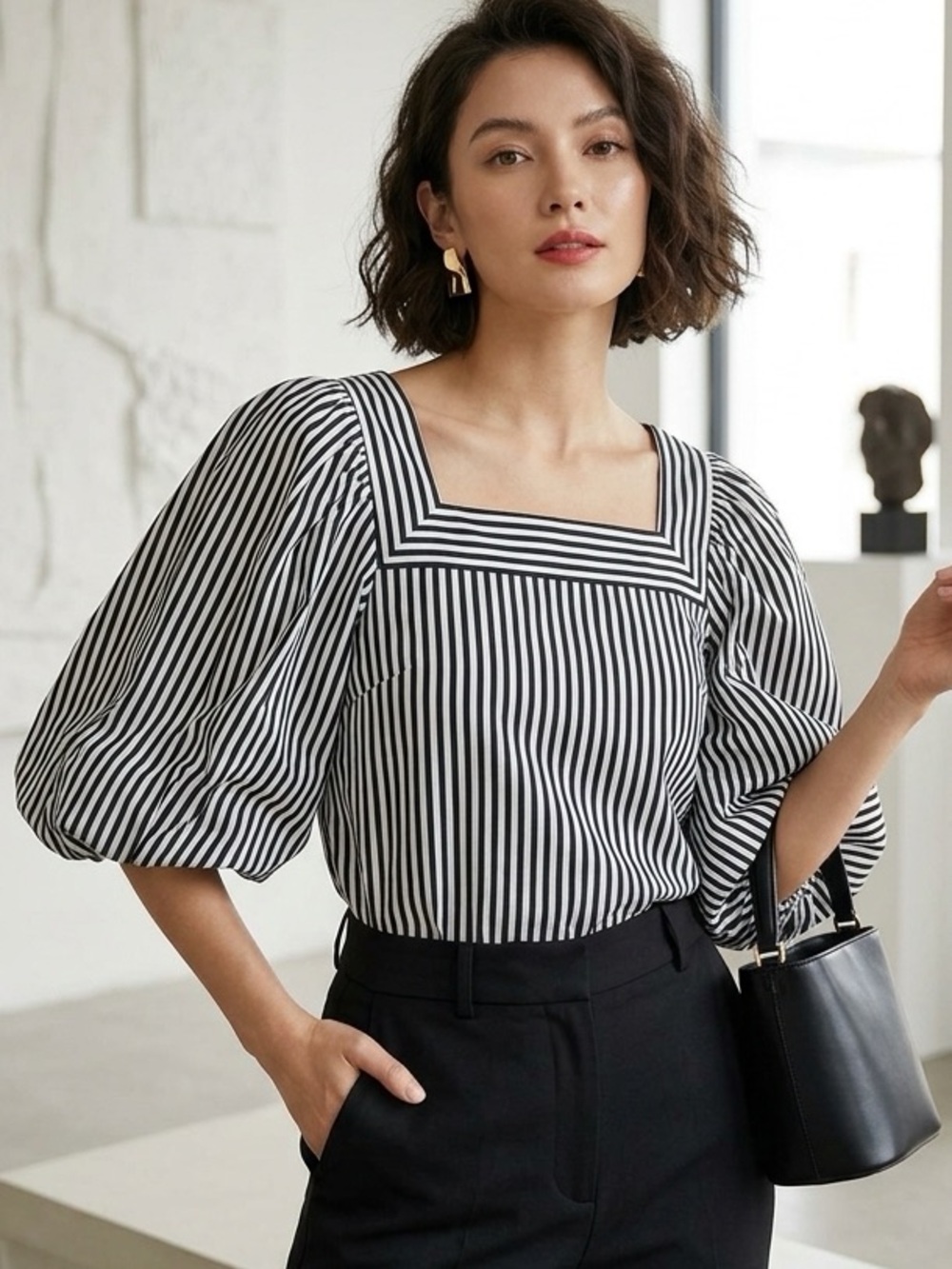 Striped Square Neck Puff Sleeve Blouse Top - Black & White